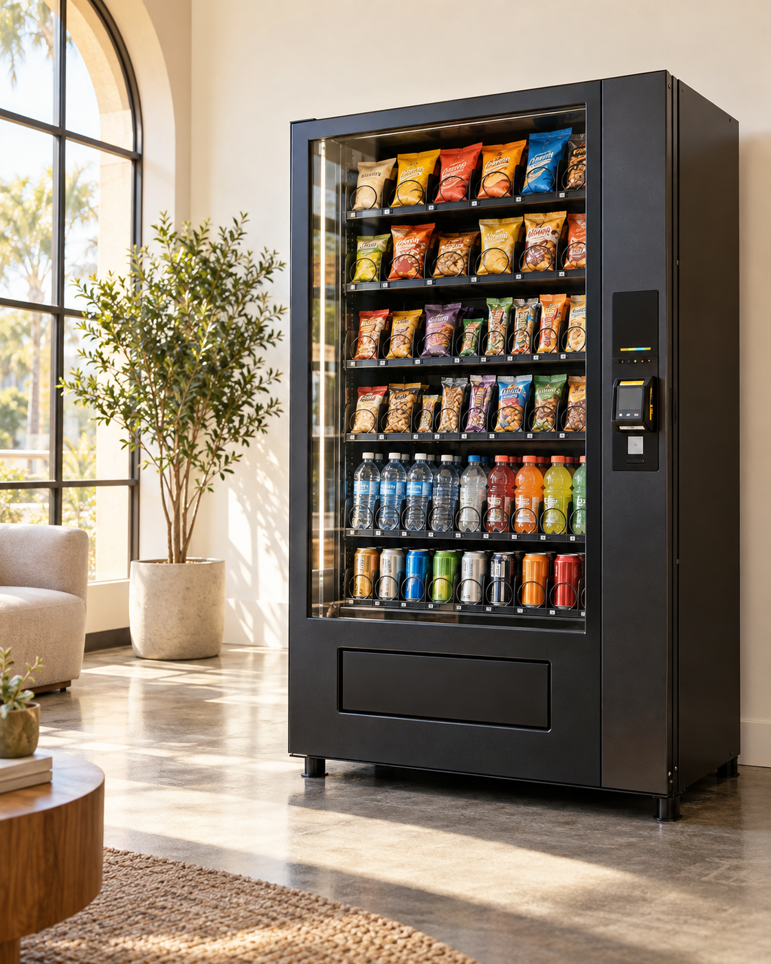 A modern snack and drink vending machine in a bright shared lounge